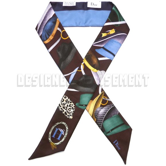 CHRISTIAN DIOR brown "H" for HATS ABCDIOR MITZAH skinny 2-sided Silk scarf NIB - Picture 4 of 6